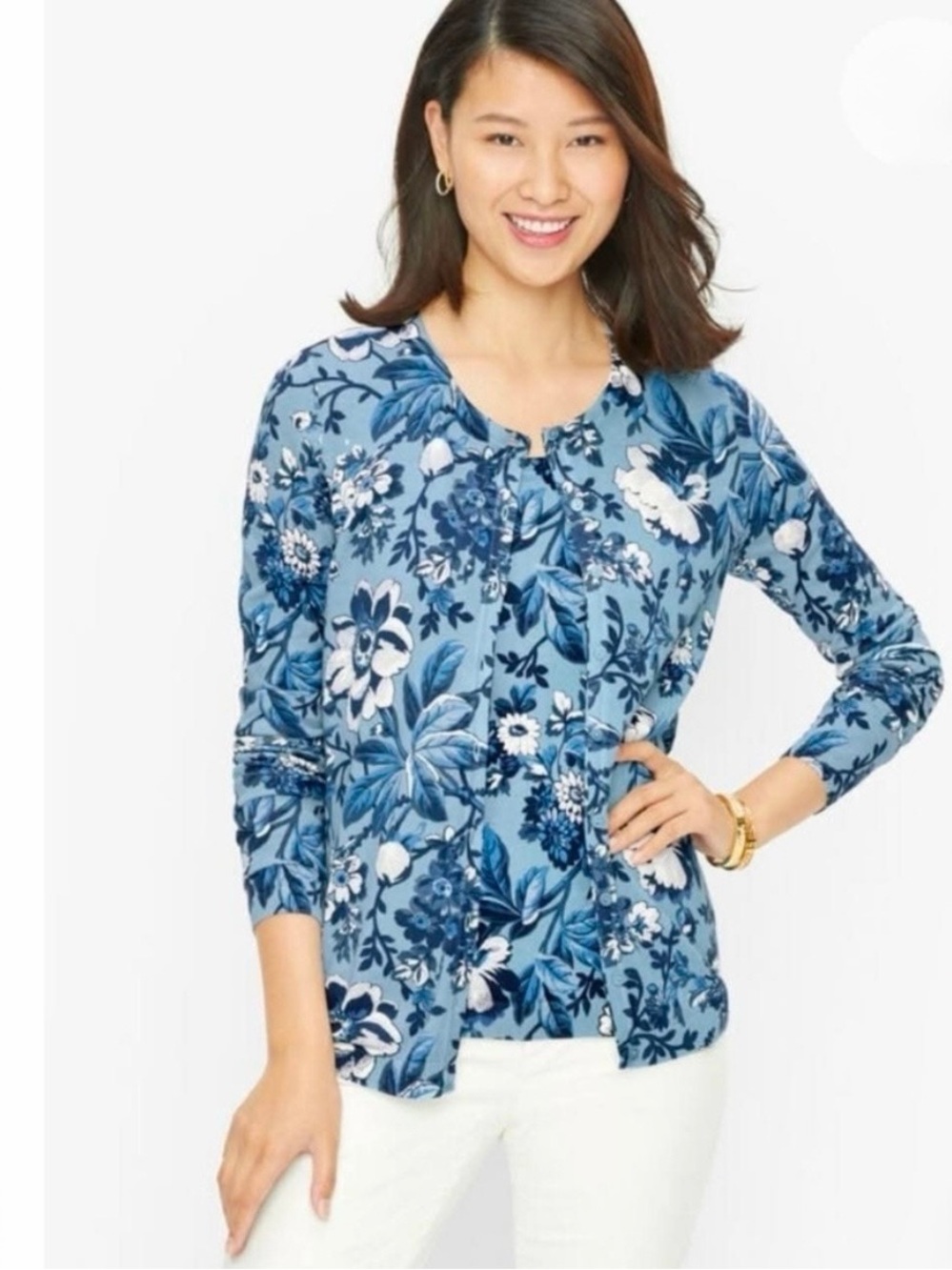 Talbots Women’s Blue Floral Button-Front Cardigan Sweater